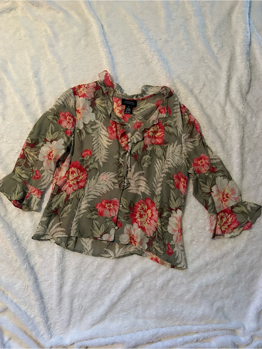 Jones New York Signature Green Floral Button-Front Sheer Blouse